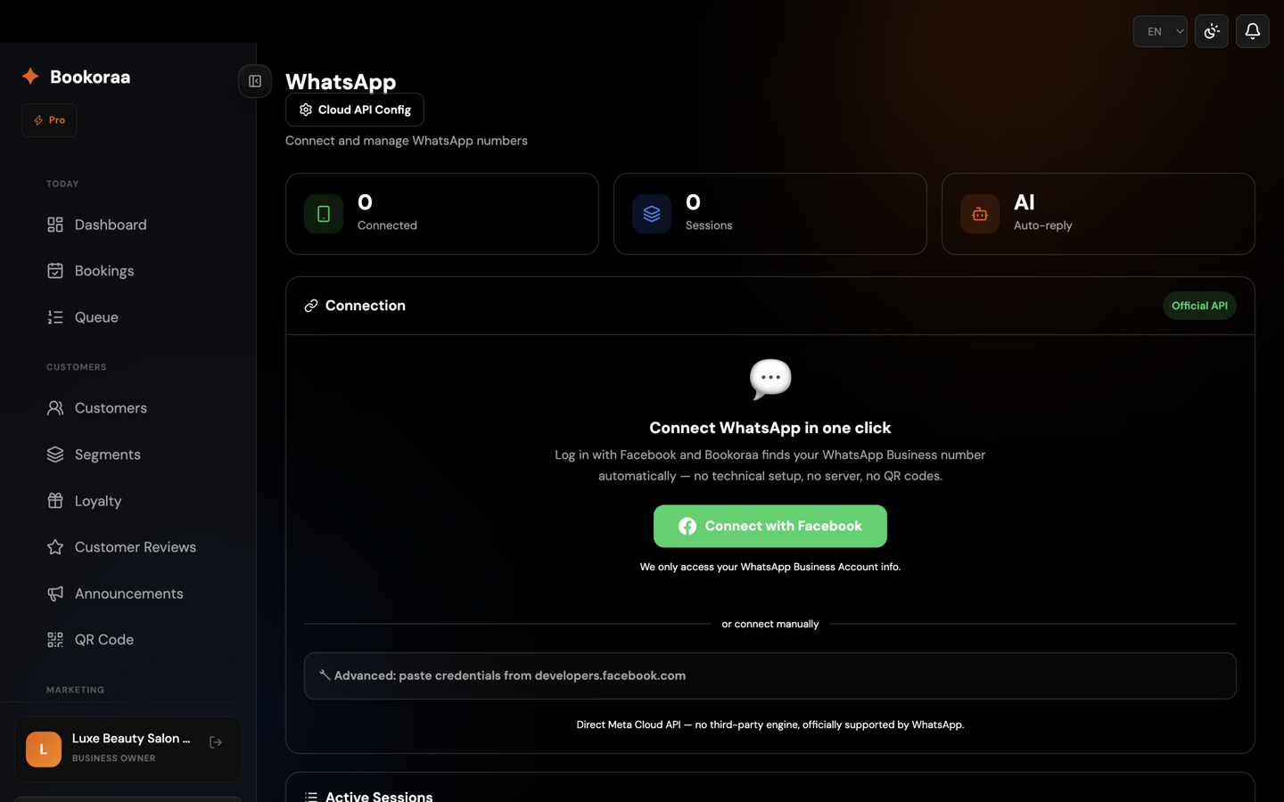 Bookoraa WhatsApp hub page with connection status cards, sessions and the Connect with Facebook button