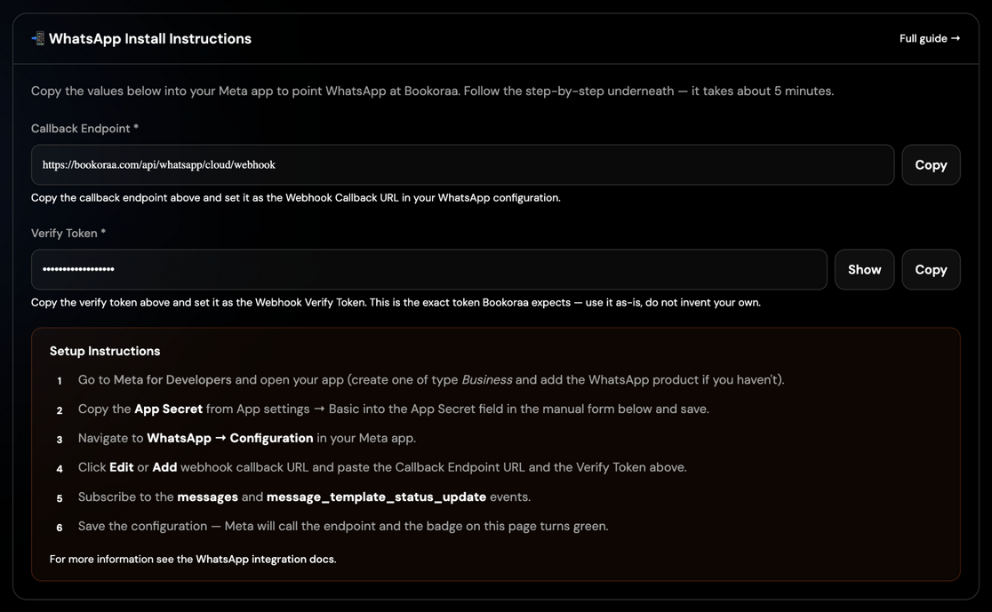 Bookoraa Install Instructions card with Callback Endpoint and Verify Token fields and copy buttons